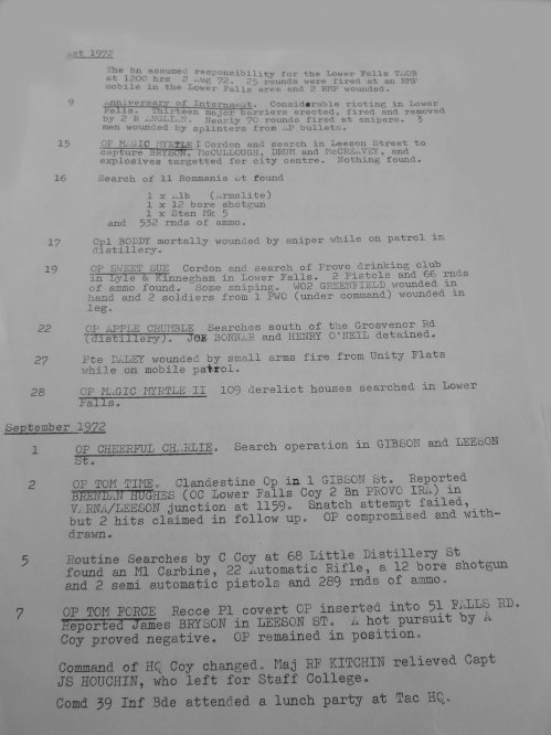 A war diary is a daily account of a regiment's or Brigade's activity during a tour of duty. This is a sample page fromn the Royal Anglin Regiment's war diary for 1972.