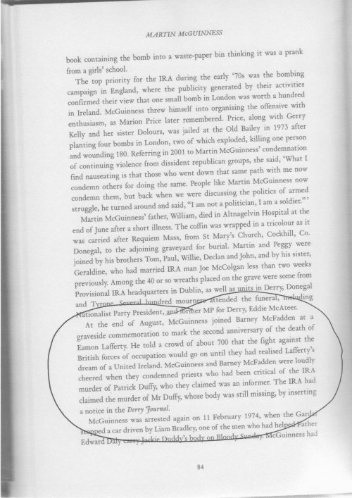 'From Guns To Government', page 84. Liam Clarke's biography of Martin McGuinness. Relevant section on Patrick Duffy is circled