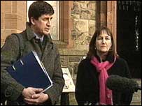 Lena Ferguson with former BBC colleague Alex Thomson pictured outside Stormont Castle