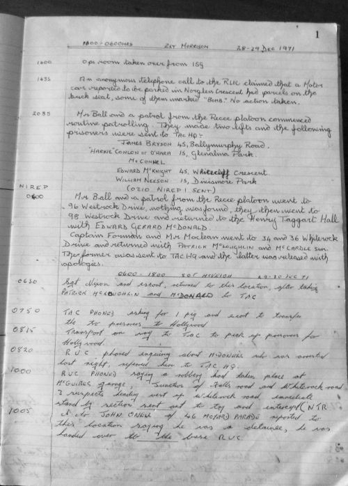This is a page from a Watchkeeper's Diary compiled in the operations room of the Kings Own Scottish Borderers, then stationed in Ballymurphy