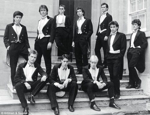 The Bullingdon Bullies at Oxford. Boris is seated far right (where else?) and Cameron is back row