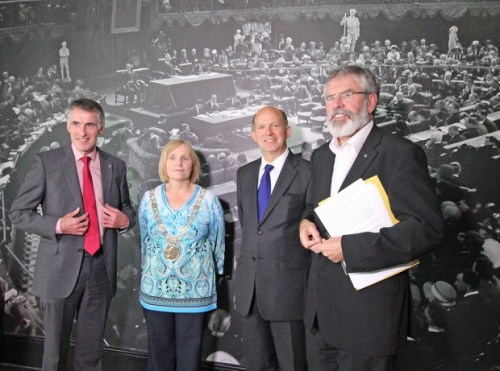 Declan Kearney (extreme left) and Gerry Adams (extreme right) pose with the British ambassador in Dublin Dominick Chilcott